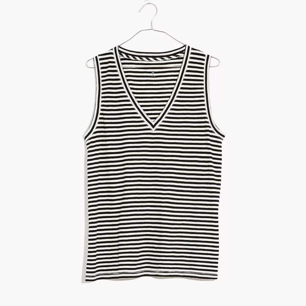 Madewell Black & White Striped V-Neck Tank M